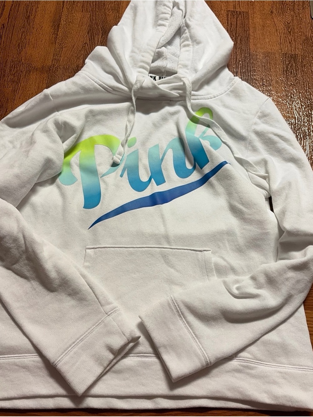 PINK White Hoodie with Blue-Green ombré logo pullover size medium